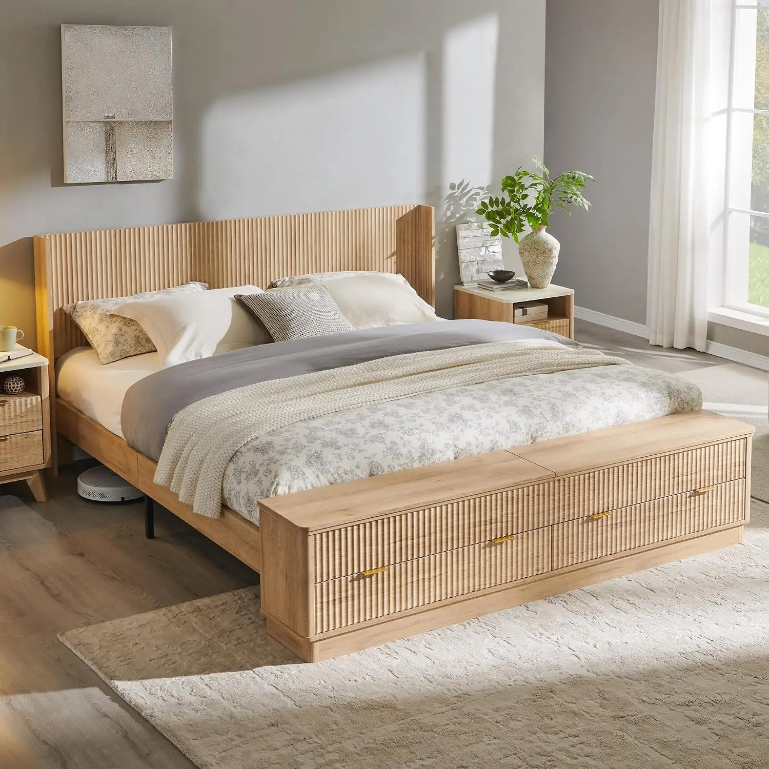King Size Bed Frame With Storage Drawers - Letto matrimoniale scanalato con testiera e