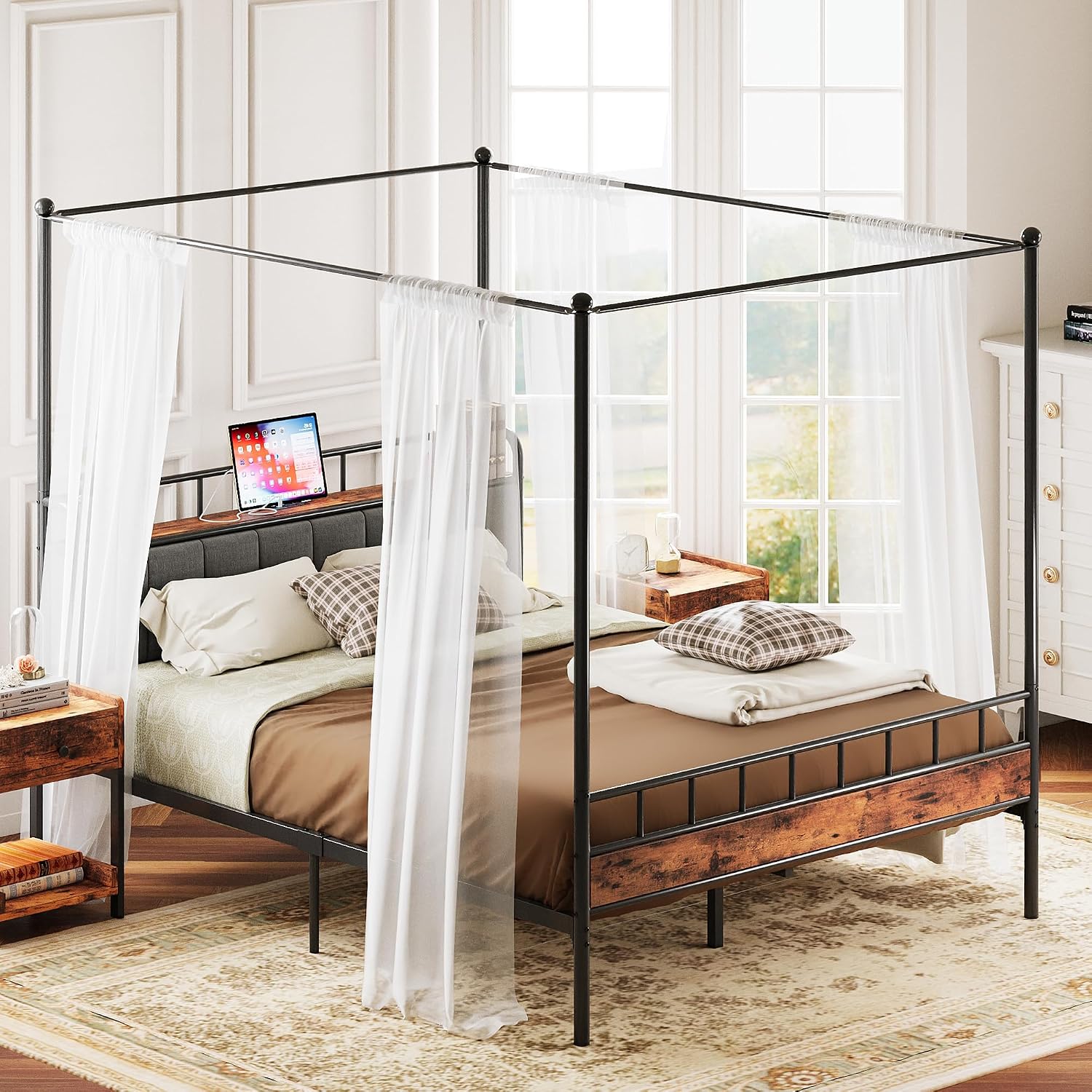 Canopy Bed Frame Metal Queen - Letto a baldacchino Queen con struttura,