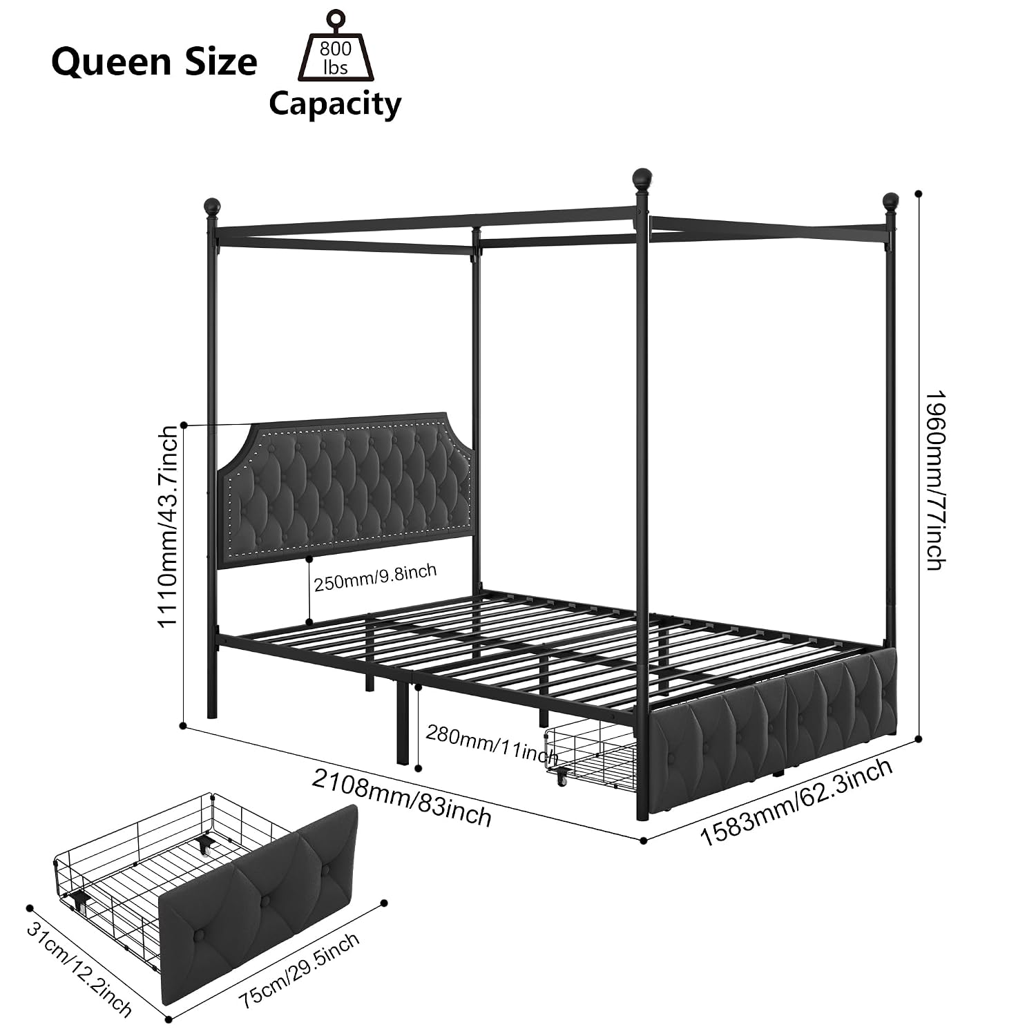 Canopy Bed Frame Metal Queen - Struttura per letto matrimoniale con baldacchino,